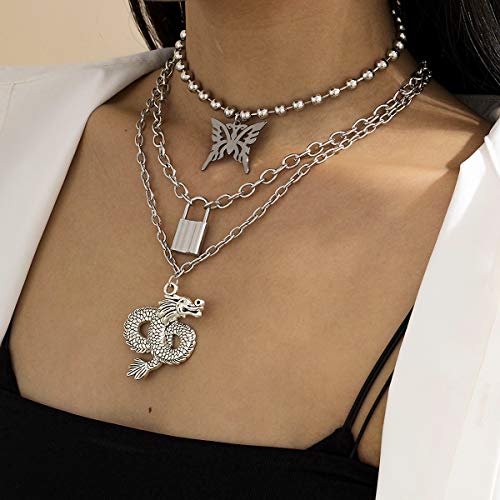 YERTTER Vintage Punk Multi Layered Silver Butterfly Lock Chinese Dragom Pendant Clavice Chain Necklace Female Necklace Jewelry for Women Men Party Prom Vacation