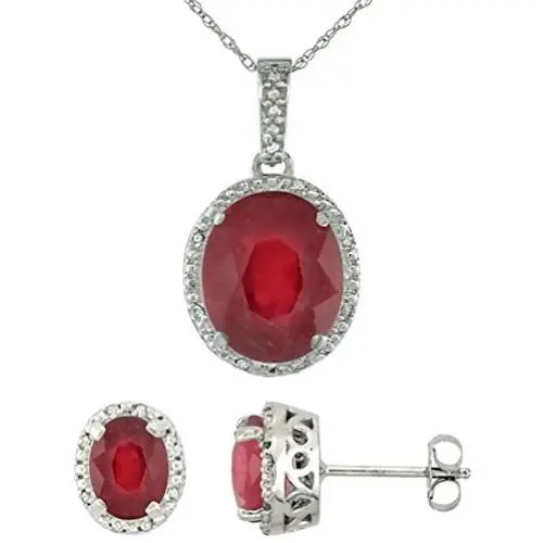 10K White Gold Diamond Halo Enhanced Genuine Ruby Earrings Necklace Set Oval 7x5mm & 12x10mm, 18 inch