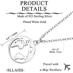 Sllaiss 925 Sterling Silver World Map Pendent Necklaces for Women Men Vintage Dainty Circle Earth Necklaces Long Distance Travel Charm Jewelry Gifts Hypoallergenic
