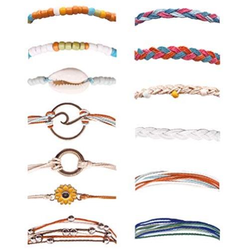 Ofeiyaa 13-16 Pcs Wave Beach Party Strand Bracelet Set Handmade Braided Rope Bracelet Colorful Wrist Cord Adjustable Friendship Bohemian Bracelet Handcrafted for Women