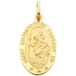 The World Jewelry Center 14k Yellow Gold Religious Saint Christopher Medal Pendant with 1.5mm Flat Open Wheat Chain Necklace