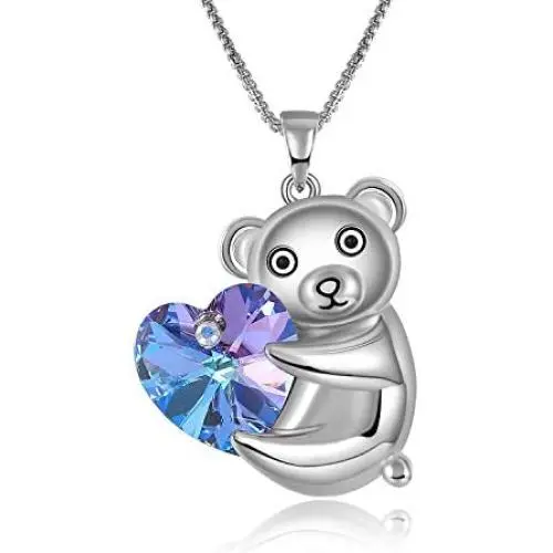 GEORGE · SMITH Brother Bear Animal Necklace Purple Heart Teddy Pendant Necklace with Crystals from Austria, Birthday Gifts for Daughter Teen Girls Girlfriend