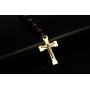 Mealguet Jewelry Fashion Stainless Steel Rubber Black Gold Plated Two-Tone Beaded Jesus Christ Crucifix Cross Rosary Necklace