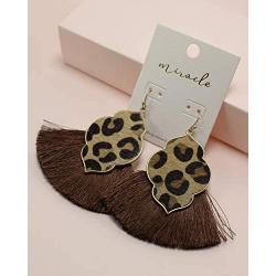 Miracle Collection Genuine Leather Animal Print Quatrefoil Drop Earrings Bohemian Leopard Fan Fringe Thread Tassel Drop Earring