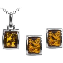 Sterling Silver Baltic Amber Rectangular Stud Earrings Necklace 18 Inches