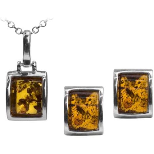 Sterling Silver Baltic Amber Rectangular Stud Earrings Necklace 18 Inches