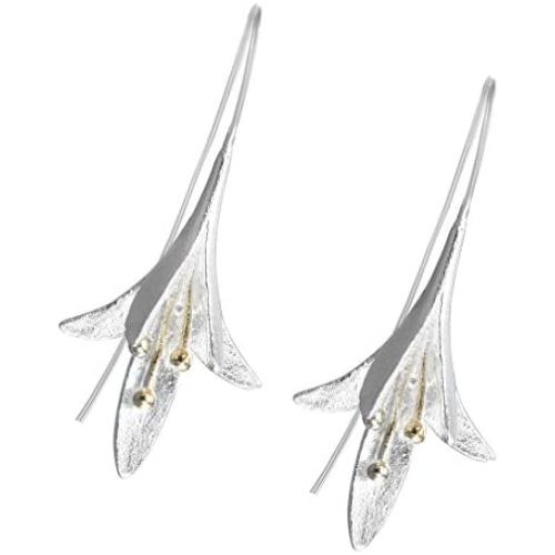 925 Sterling Silver Earrings Long Flower Lily of the Valley Dangle Wrap Hoop Women Earrings