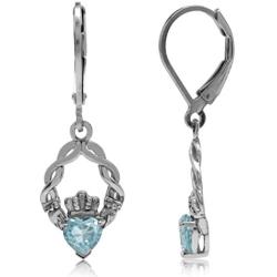 Silvershake 1.1ct. Genuine Heart Shape Blue Topaz 925 Sterling Silver Claddagh Leverback Earrings