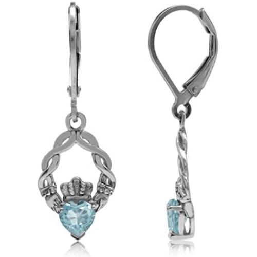 Silvershake 1.1ct. Genuine Heart Shape Blue Topaz 925 Sterling Silver Claddagh Leverback Earrings