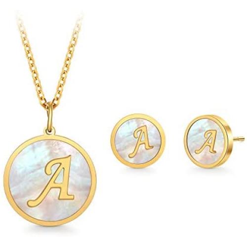 PAPAGENA Gold Plated Initial Necklace Earrings Jewelry Set Round Disc Personalized Alphabet Letter Pendant Necklaces Jewelry Gift for Women Girls