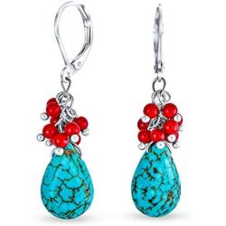 Compressed Turquoise Blue Crystal Dyed Coral Red Teardrop Pear Shape Drop Leverback Earrings For Women Silver Plated