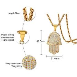 Mealguet Jewelry Gold Plated Stainless Steel Iced Out Crystal Studded Hamsa Hand of Fatima Pendant Necklace for Men with Chain