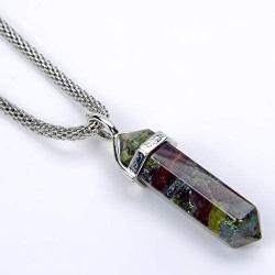 Tacool Gemstone Hexagonal Pointed Reiki Chakra Beaded Pendant Neclace Stainless Steel Chain 18 Inches (Dragon Blood Jasper)