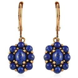 Shop LC Karis Real 14K Yellow Gold ION Plated Oval Blue Lapis Lazuli Lever Back Flower Dangle Drop Earrings Fashion Prom Jewelry Mothers Day Gifts
