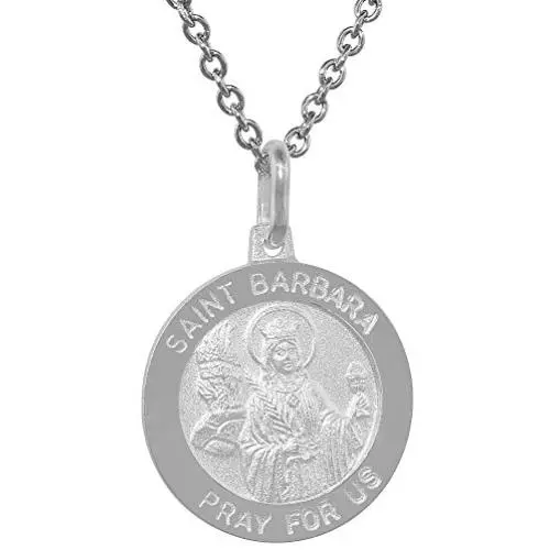 Sterling Silver St Barbara Medal Necklace 3/4 inch Round Italy 0.8mm Chain