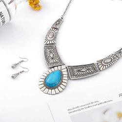 Fstrend Boho Necklace Earring Set Silver Turquoise Pendant Chain Hollow Statement Necklaces Jewelry for Women and Girls