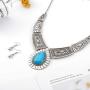 Fstrend Boho Necklace Earring Set Silver Turquoise Pendant Chain Hollow Statement Necklaces Jewelry for Women and Girls