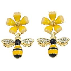Channel V Gold Plated Bumble Bee Earrings Dangle for Women Girls Daisy Flower Bee Jewelry Yellow Small Flower Rhinestone Earring Fashion 925 Sterling Silver