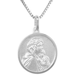 Sterling Silver Mother Mary Baby Jesus Medal Necklace 3/4 inch Round 0.8mm Chain