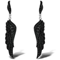 Santuzza 925 Sterling Silver Angel Wing Black Spinel Drop Earrings Lucky Ear Dangles for Gift to Women Girls Chirsmas Birthday Thanksgiving Graduation