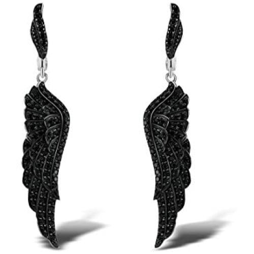 Santuzza 925 Sterling Silver Angel Wing Black Spinel Drop Earrings Lucky Ear Dangles for Gift to Women Girls Chirsmas Birthday Thanksgiving Graduation