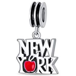 Red Big Apple Travel Vacation Tourism Saying I Love New York Dangle Charm Bead For Women For Teen Enamel .925 Sterling Silver Fits European Bracelet