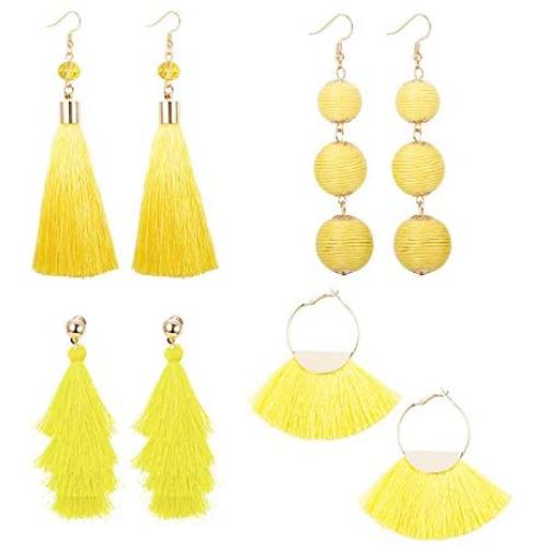 LOYALLOOK 4Pairs Tassel Earrings For Women Fan Shape Tassel Earrings Long Thread Tassel Earrings Bohemian Fringe Drop Handmade Earrings