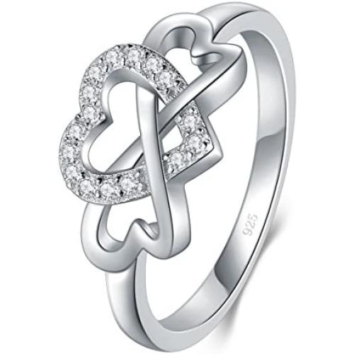BORUO 925 Sterling Silver Ring, High Polish Cubic Zirconia Infinity and Heart Tarnish Resistant Comfort Fit Ring