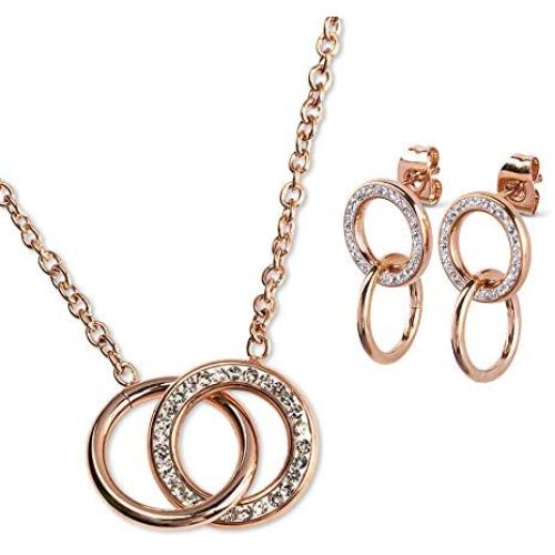 LuckyLy Interlocking Circles Necklace and Earring Set Stainless Steel with Cubic Zirconia