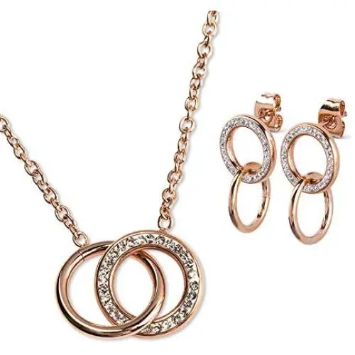 LuckyLy Interlocking Circles Necklace and Earring Set Stainless Steel with Cubic Zirconia