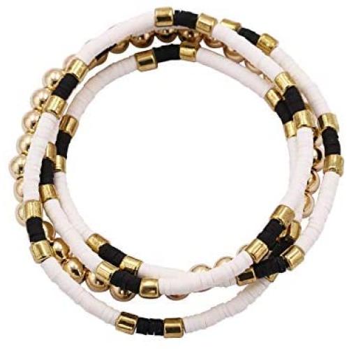 Heishi Surfer Soft Polymer Clay Bracelet African Vinyl Disc Beaded Elastic Rope Colourful Bohemian Stackable Metal Ball Beads Strand Stretch Bracelet for Women Girls Jewelry