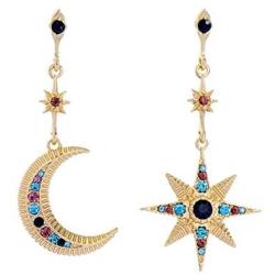 HMOOY Moon and Star Earrings, Bohemian Asymmetrical Sun Moon Star Dangle Earrings Fashion Long Drop Dangle Stud Earrings Punk Jewelry for Women Girls