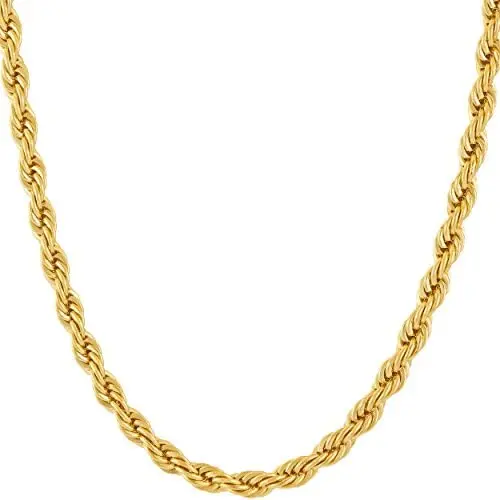 Lifetime Jewelry 5mm Rope Chain Necklace 24k Real Gold Plated for Men Women Teen