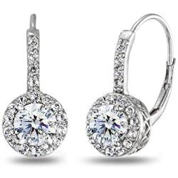 Sterling Silver Round Dainty Halo Leverback Earrings Made with Swarovski Zirconia