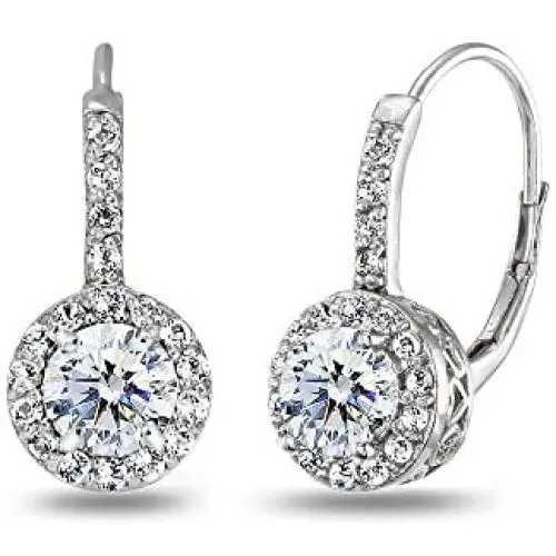 Sterling Silver Round Dainty Halo Leverback Earrings Made with Swarovski Zirconia