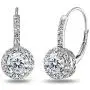 Sterling Silver Round Dainty Halo Leverback Earrings Made with Swarovski Zirconia