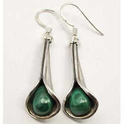 SilverStarJewel Natural Drop 6 x 9 mm Cab Malachite tcw 3.0 Earrings 1.7'' Sterling Silver
