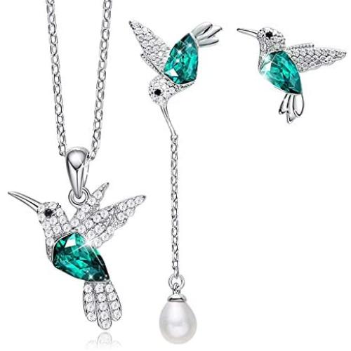CDE Jewelry Sets Hummingbird S925 Sterling Silver Pendant Necklace Pearl Earrings Set Embellished with Austrian Crystals Birthday Mothers Day Jewelry Gifts for Mom Women Girls