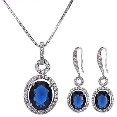 Bridal Jewelry Set for Women - Silver Plated Cubic Zirconia Crystal Oval Halo Necklace and Dangle Earrings Set Fashion Jewelry Set by AMYJANE Bridal Jewelry Set for Women - Silver Plated Cubic Zirconia Crystal Oval Halo Necklace and Dangle Earrings Set Fashion Jewelry Set by AMYJANE