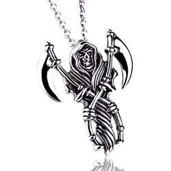 Grim Reaper Necklace for Men, Skull Necklace with19.6+1.96'' Chain, The Reapers Arms Pendant, Sickle Necklace, Stainless Steel Chain, Amulet Pendant, Punk Rock Necklace Jewelry Gift for Men Boys