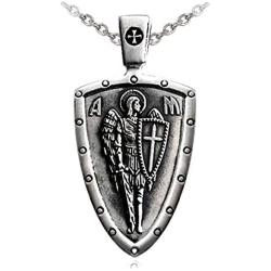VENICEBEE Archangel St. Michael Saint Medal Cross Sword Shield Angel Guardian Protection Prayer Solid 925 Sterling Silver Pendant Necklace with Chain Black Pouch Polishing Cloth Gift Box