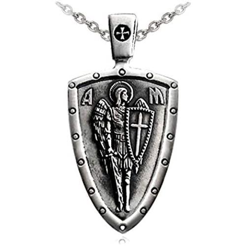 VENICEBEE Archangel St. Michael Saint Medal Cross Sword Shield Angel Guardian Protection Prayer Solid 925 Sterling Silver Pendant Necklace with Chain Black Pouch Polishing Cloth Gift Box