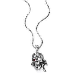 COOLSTEELANDBEYOND Mens Steel Viking Pirate Skull Pendant Necklace with Red Cubic Zirconia and 30 inches Wheat Chain