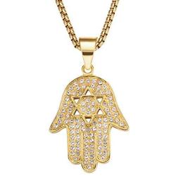 Lee Island Fashion 24K Gold Plated Simmulated Diamond CZ Fully Star of David Beads Fatima Hamsa Hand Egyptian Protection Pendant Stainless Steel Necklace, 24 Inch Chain Jewelry