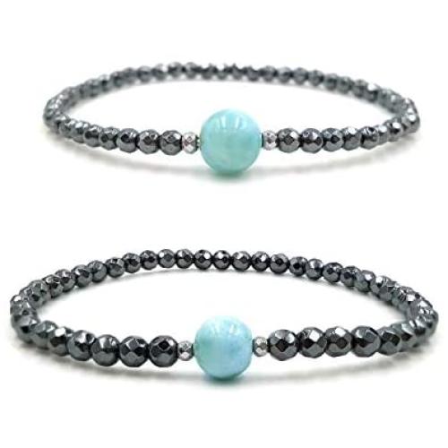 Lii Ji Natural Dominican Blue Green Larimar Hematite Beads 2pcs
