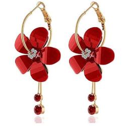 Eiffy Romantic Crystal Acrylic Rose Flower Earrings Five Leaves Exaggerated Round Hoop Long Tassel Earring for Women Jewelry (Red)