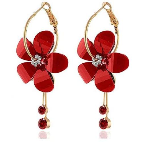 Eiffy Romantic Crystal Acrylic Rose Flower Earrings Five Leaves Exaggerated Round Hoop Long Tassel Earring for Women Jewelry (Red)