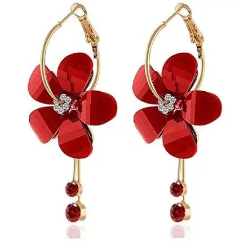 Eiffy Romantic Crystal Acrylic Rose Flower Earrings Five Leaves Exaggerated Round Hoop Long Tassel Earring for Women Jewelry (Red) Eiffy Romantic Crystal Acrylic Rose Flower Earrings Five Leaves Exaggerated Round Hoop Long Tassel Earring for Women Jewelry (Red)