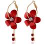 Eiffy Romantic Crystal Acrylic Rose Flower Earrings Five Leaves Exaggerated Round Hoop Long Tassel Earring for Women Jewelry (Red)