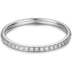 HAFEEZ CENTER 14K Solid Gold Petite Micropave Milgrain Eternity Ring Moissanite Wedding Band Ring for Women and Girls